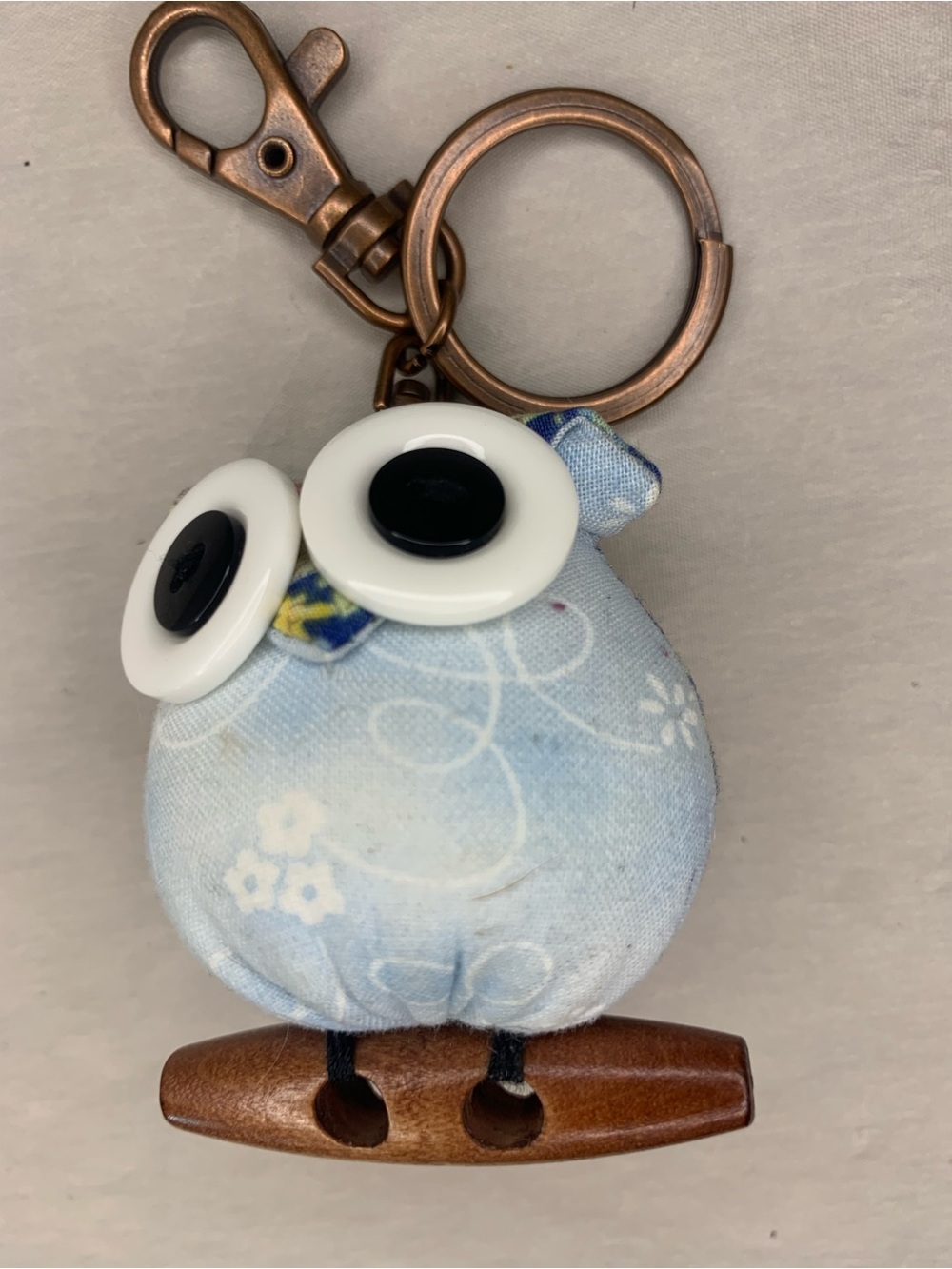 Light Blue Fabric Owl Key & Card Holder Keyring with Copper Hardware